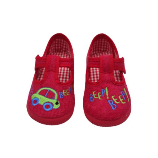 zapatilla verano velcro rizo rojo bordado coche Vulca-Bicha